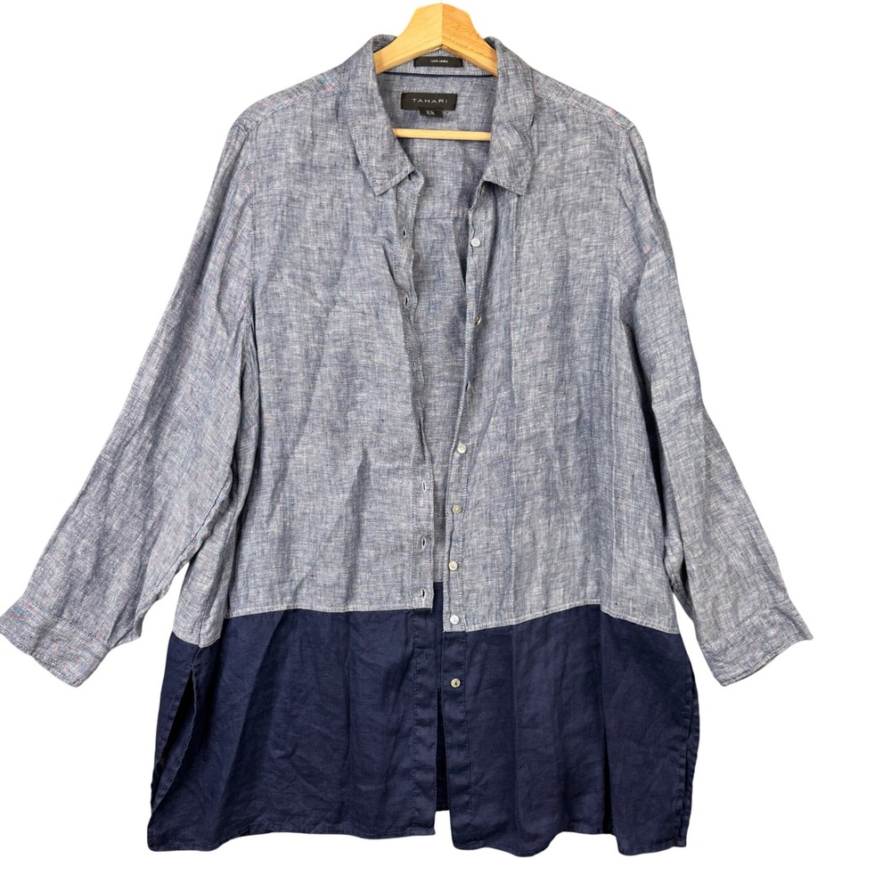 Tahari 100% Linen Colorblock‎ Button Down Shirt Blue Navy 1X Relaxed Top